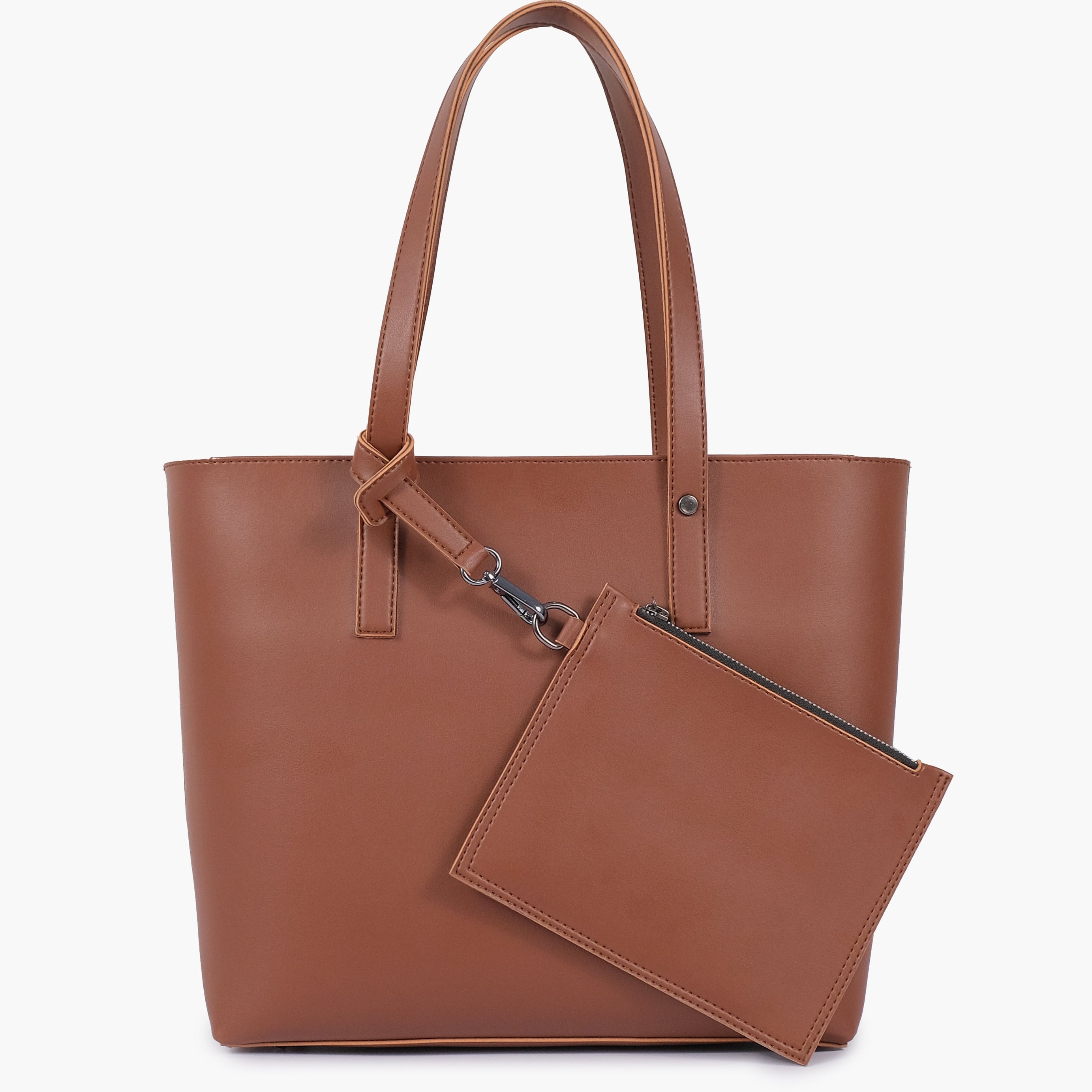 Brown tote bag with detachable pouch