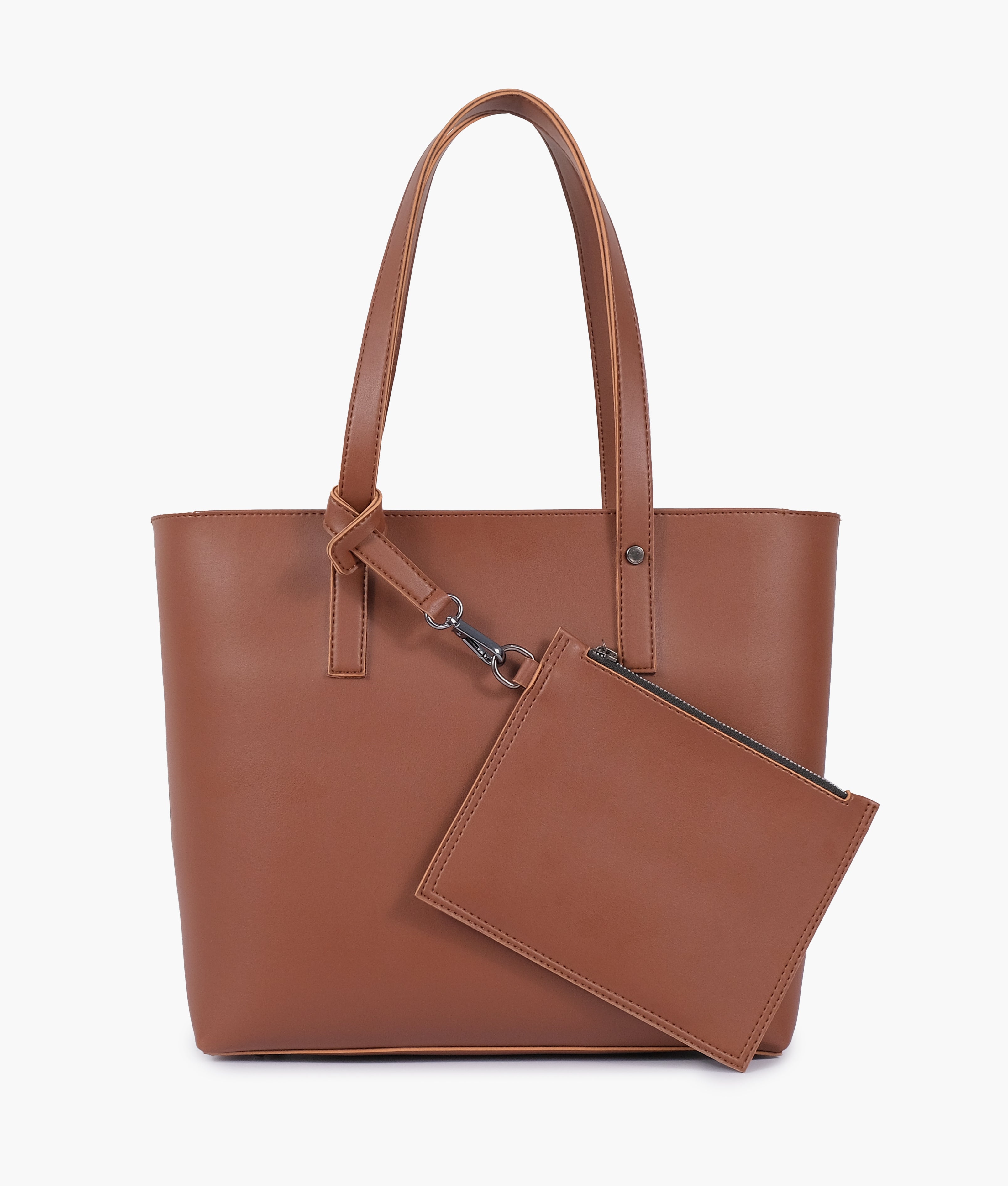 Brown tote bag with detachable pouch